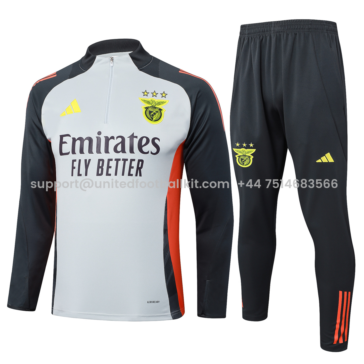 Unitedfootballkit.com | Benfica 25-26 Long Sleeve Training Set - Grey Top and Deep Grey Pants -Customize Name, Number and Patch | Worldwide Shipping