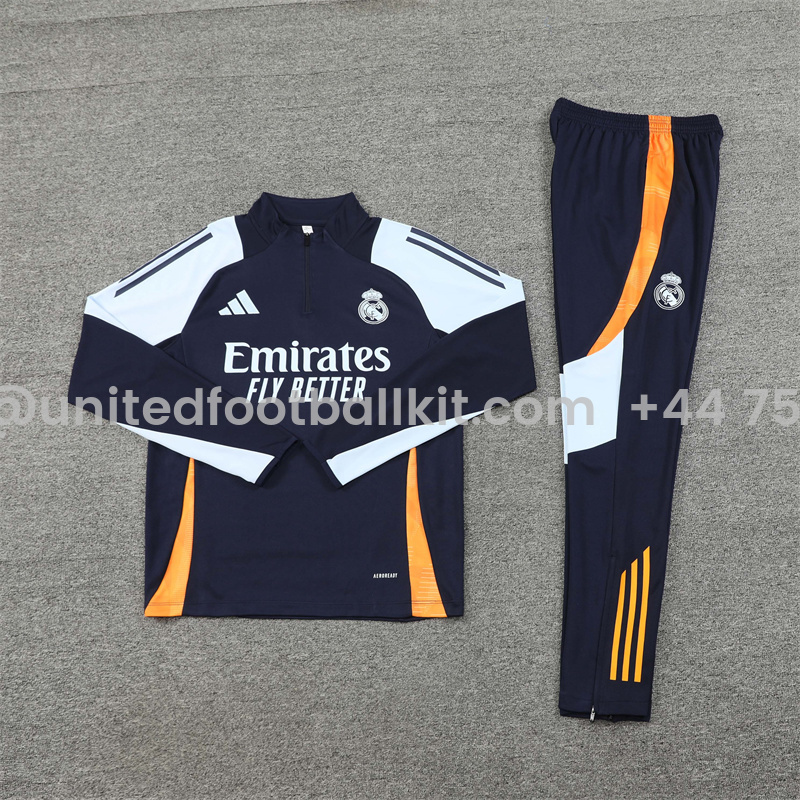 Unitedfootballkit.com | Real Madrid 24-25 Long Sleeve Training Set - Deep Blue -Customize Name, Number and Patch | Worldwide Shipping