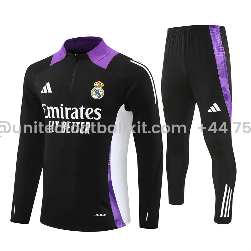 Unitedfootballkit.com | Real Madrid 24-25 Long Sleeve Training Set - Black and Purple -Customize Name, Number and Patch | Worldwide Shipping