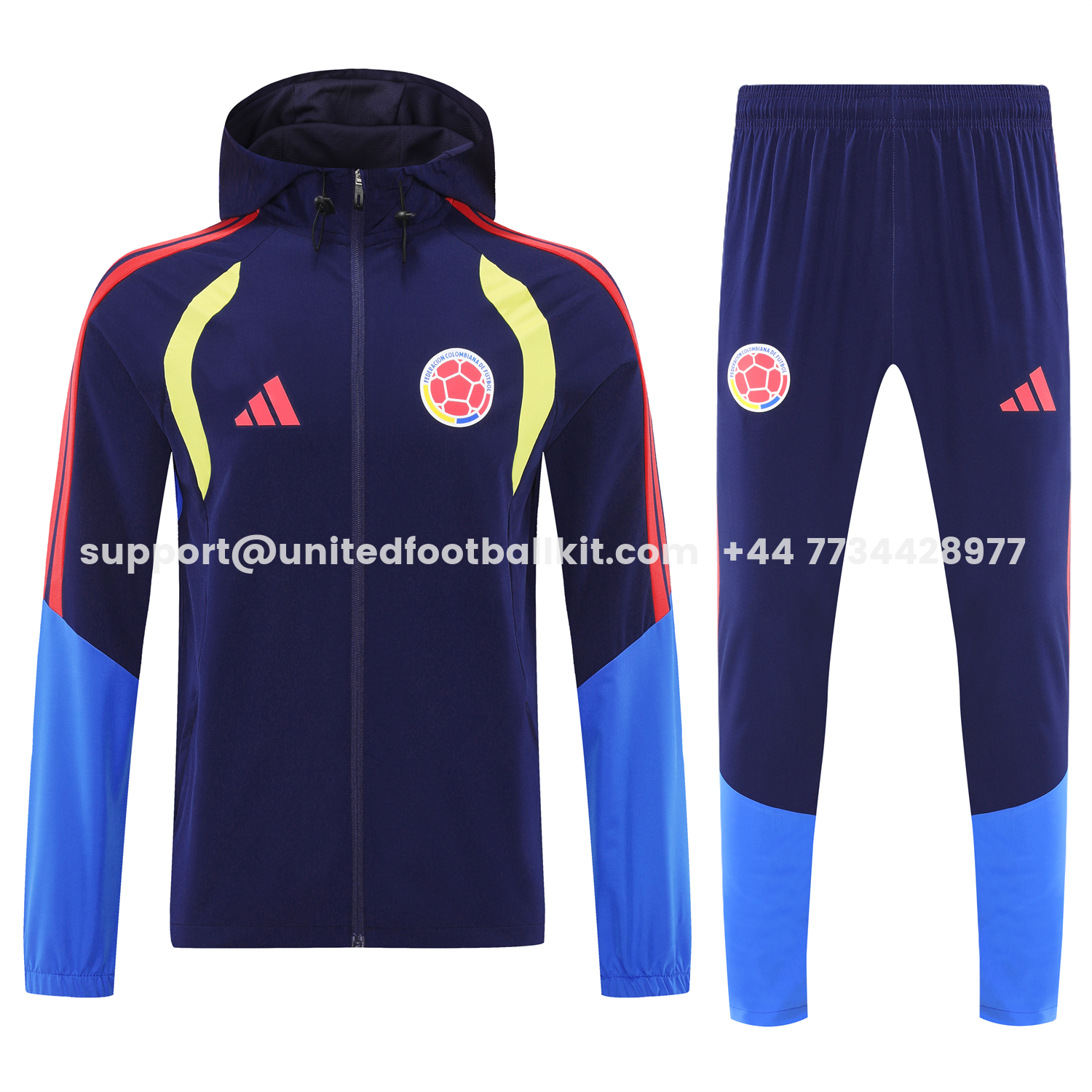 Unitedfootballkit.com | Colombia 2026 Hooded Windbreaker Training Set - Dark Blue and Pants -Customize Name, Number and Patch | Worldwide Shipping