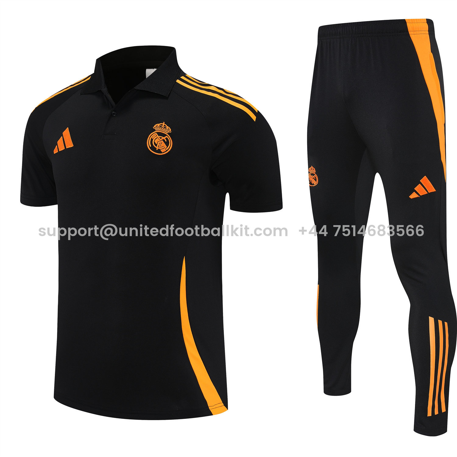 Unitedfootballkit.com | Real Madrid 25-26 POLO Short-Sleeve Training Set - Black Top and Pants with Yellow Stripes -Customize Name, Number and Patch | Worldwide Shipping