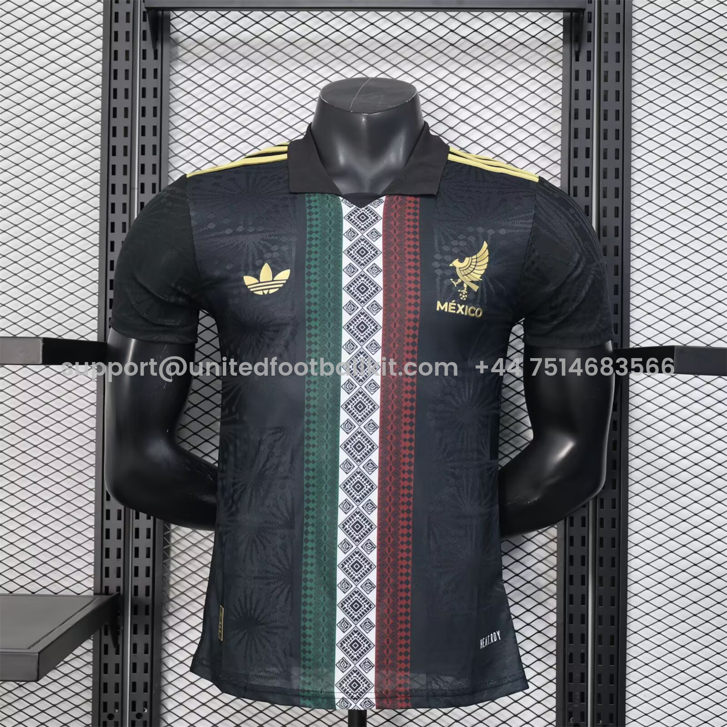 Unitedfootballkit.com | Mexico 25-26 Black Polo Jersey with Red White and Green Decorative Pattern - Player Version -Customize Name, Number and Patch | Worldwide Shipping