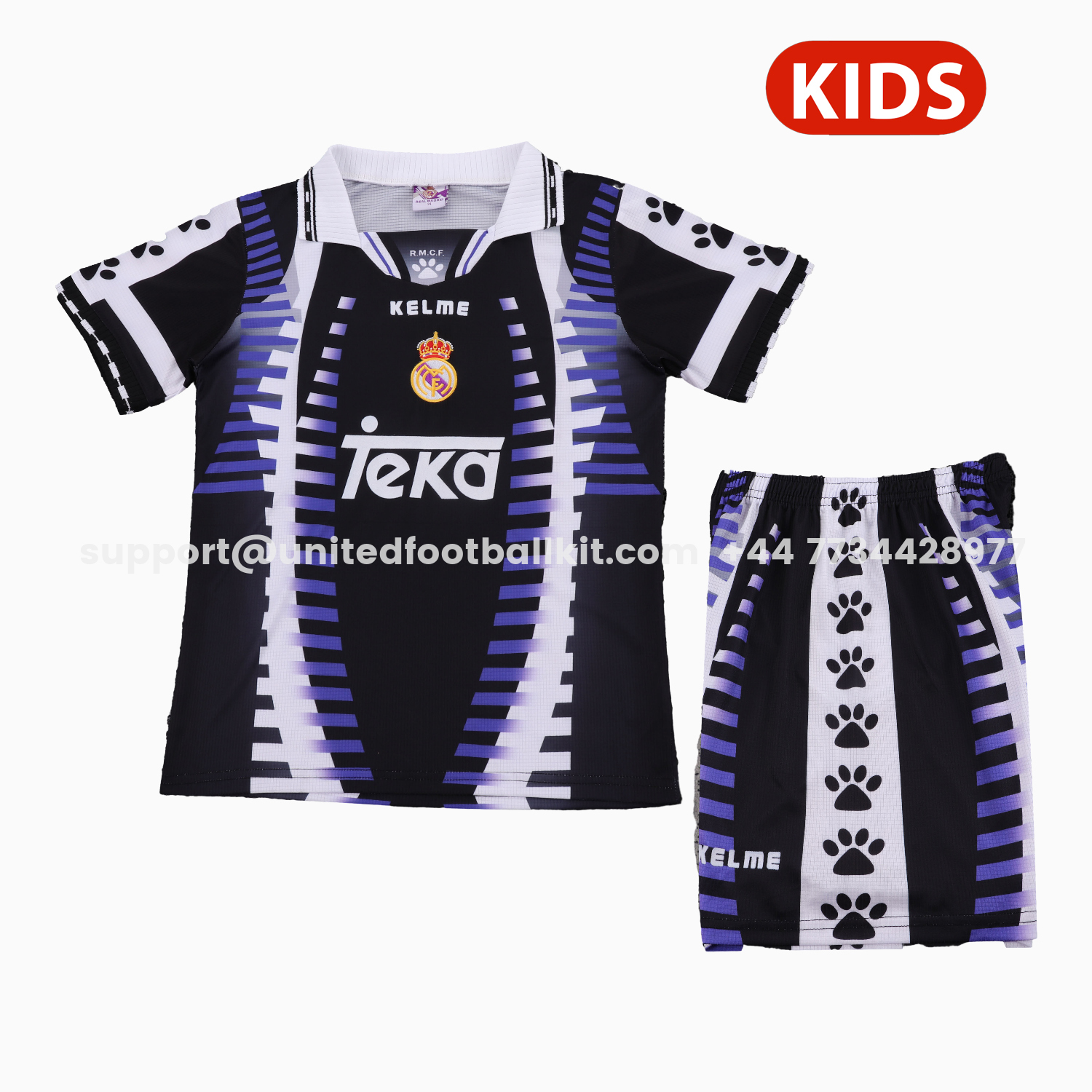 Unitedfootballkit.com | Retro Real Madrid 1997-98 Third Kids Kit -Customize Name, Number and Patch | Worldwide Shipping