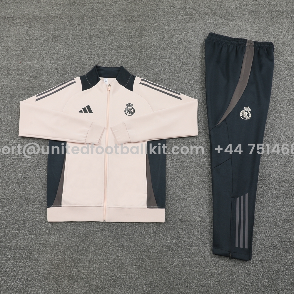 Unitedfootballkit.com | Real Madrid 24-25 Jacket Training Tracksuit - Light Pink Top and Deep Grey Pants -Customize Name, Number and Patch | Worldwide Shipping
