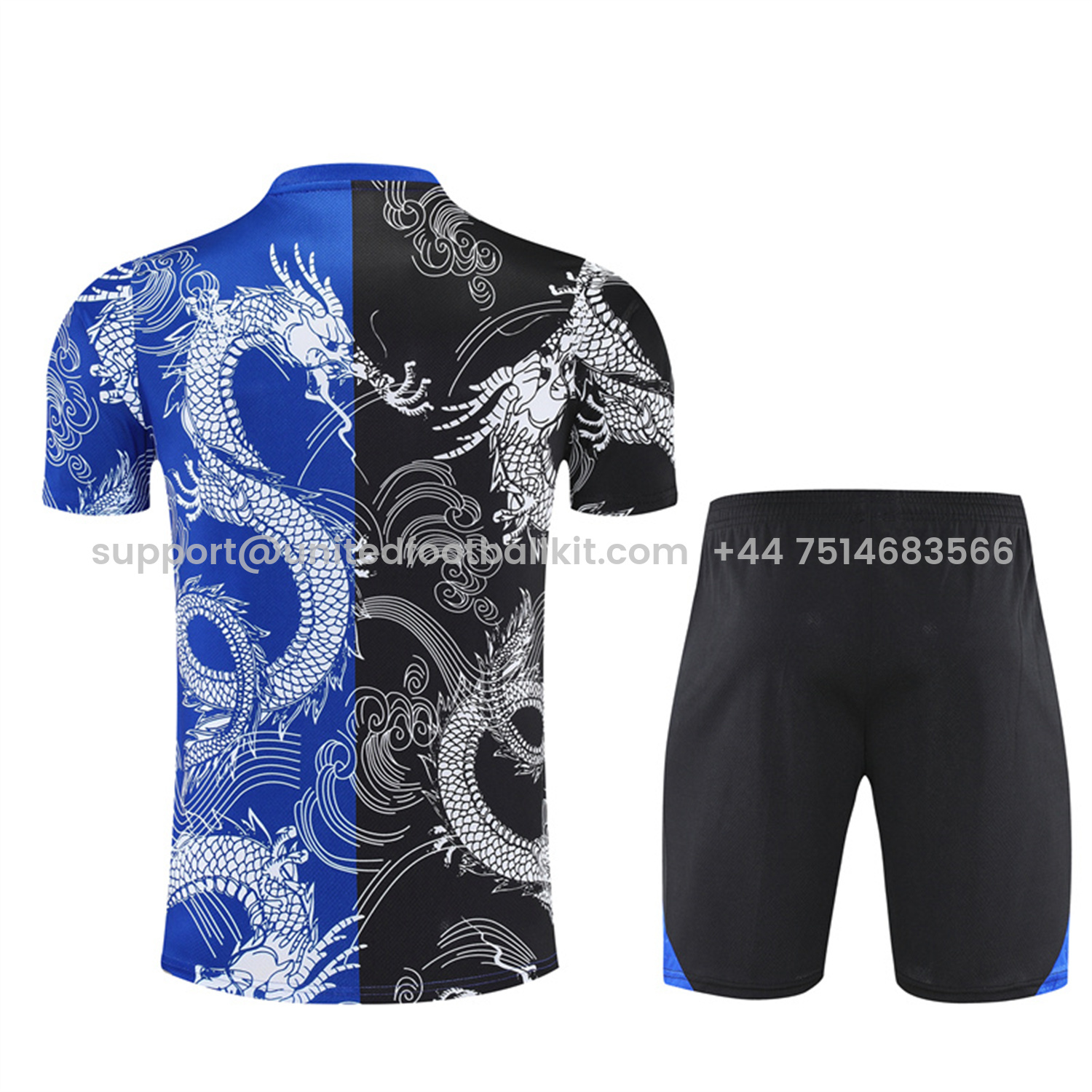 Unitedfootballkit.com | Real Madrid 25-26 Kid Short-Sleeve Training Set - Blue Black Dragon Top & Black Shorts -Customize Name, Number and Patch | Worldwide Shipping