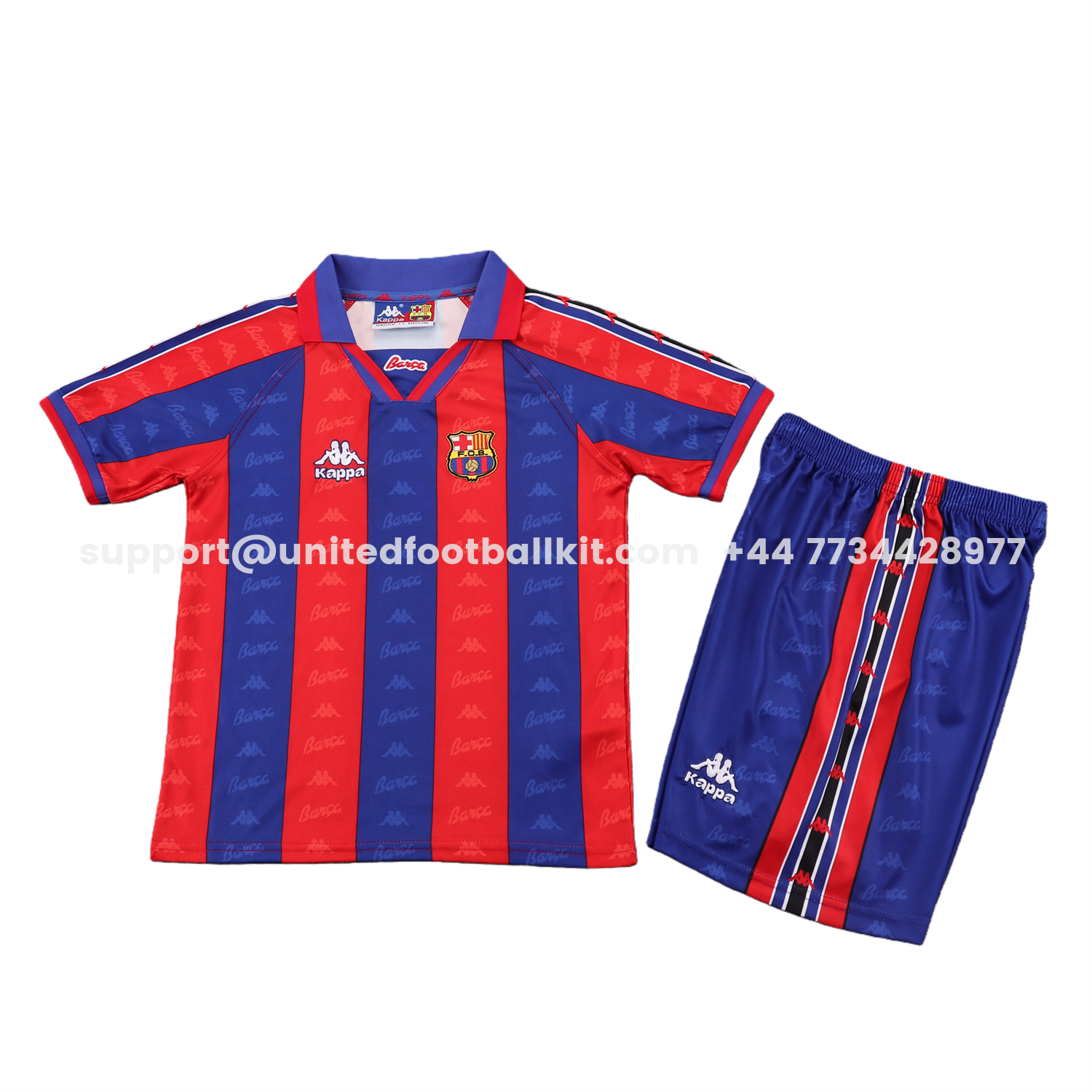 Unitedfootballkit.com | Retro Barcelona 1996-97 Home Kids Kit -Customize Name, Number and Patch | Worldwide Shipping