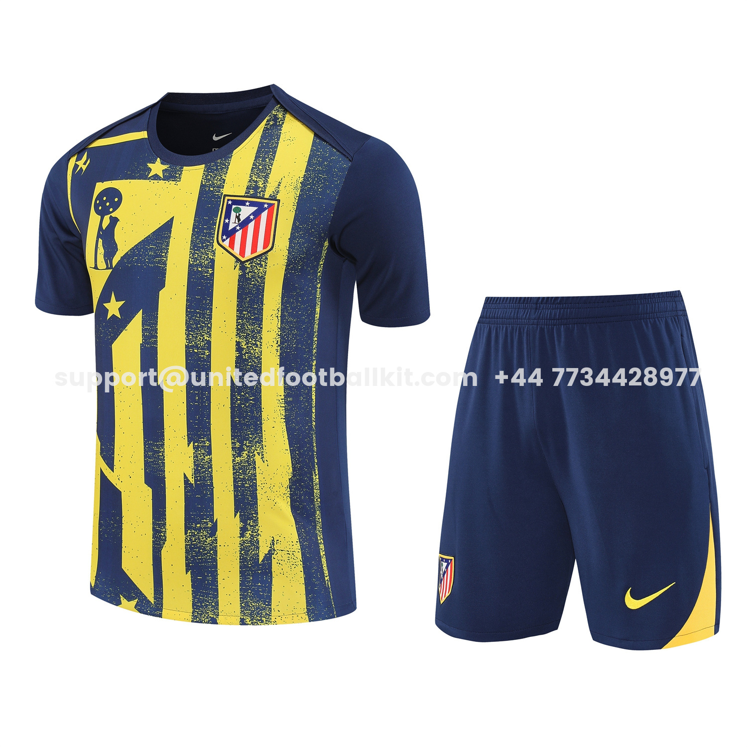 Unitedfootballkit.com | Atletico Madrid Short-Sleeve Training Set - Blue Yellow Top & Blue Shorts -Customize Name, Number and Patch | Worldwide Shipping