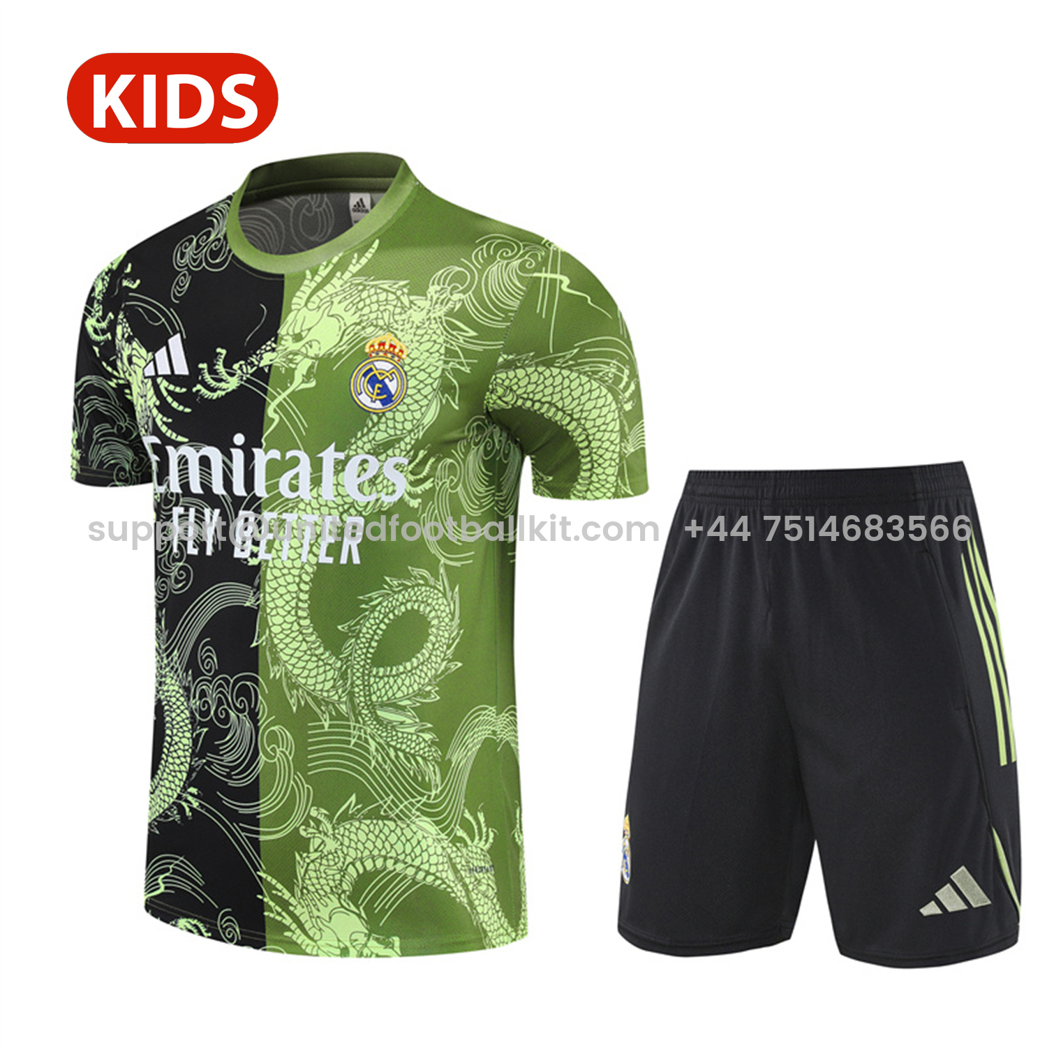Unitedfootballkit.com | Real Madrid 25-26 Kid Short-Sleeve Training Set - Green Black Top & Black Shorts -Customize Name, Number and Patch | Worldwide Shipping
