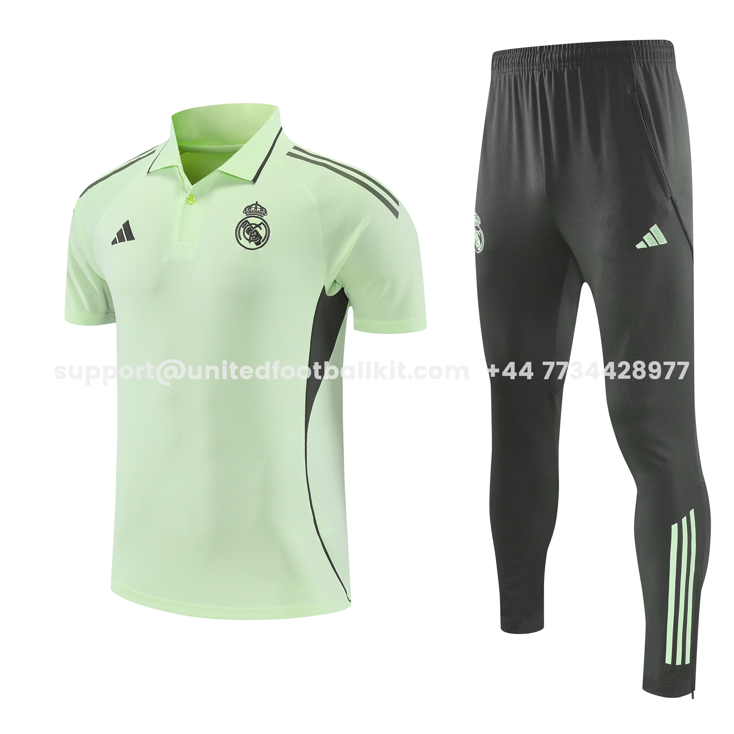 Unitedfootballkit.com | Real Madrid 25-26 POLO Short-Sleeve Training Set - Light Green Top and Dark Grey Pants -Customize Name, Number and Patch | Worldwide Shipping