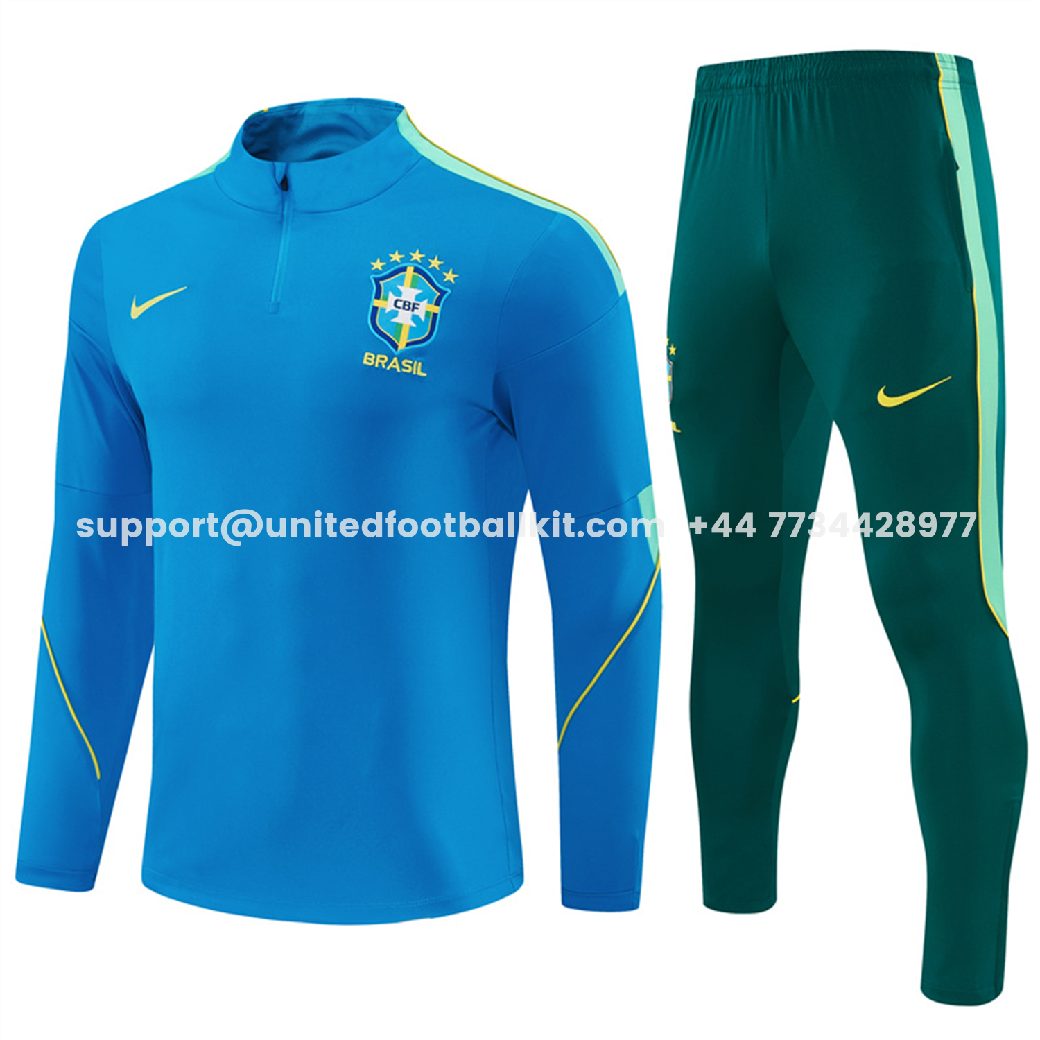 Unitedfootballkit.com | Brazil 2026 Long Sleeve Training Set - Sky Blue Top & Dark Green Pants -Customize Name, Number and Patch | Worldwide Shipping