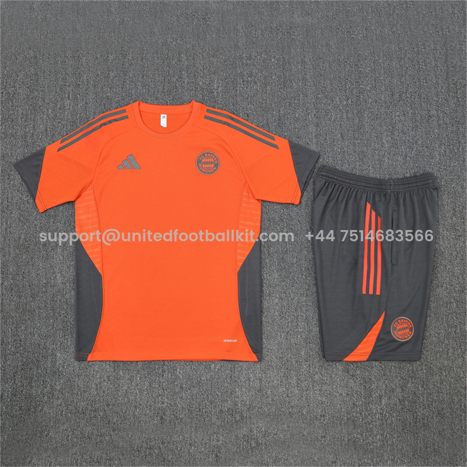 Unitedfootballkit.com | Bayern Munich 25-26 Short-Sleeve Training Set - Orange Top & Gray shorts -Customize Name, Number and Patch | Worldwide Shipping