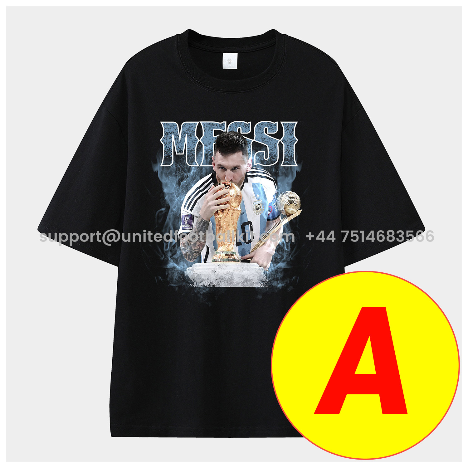 Unitedfootballkit.com | Messi GOAT Argentina Barcelona INT M.A.M Unisex Pure Cotton T-shirt -Customize Name, Number and Patch | Worldwide Shipping