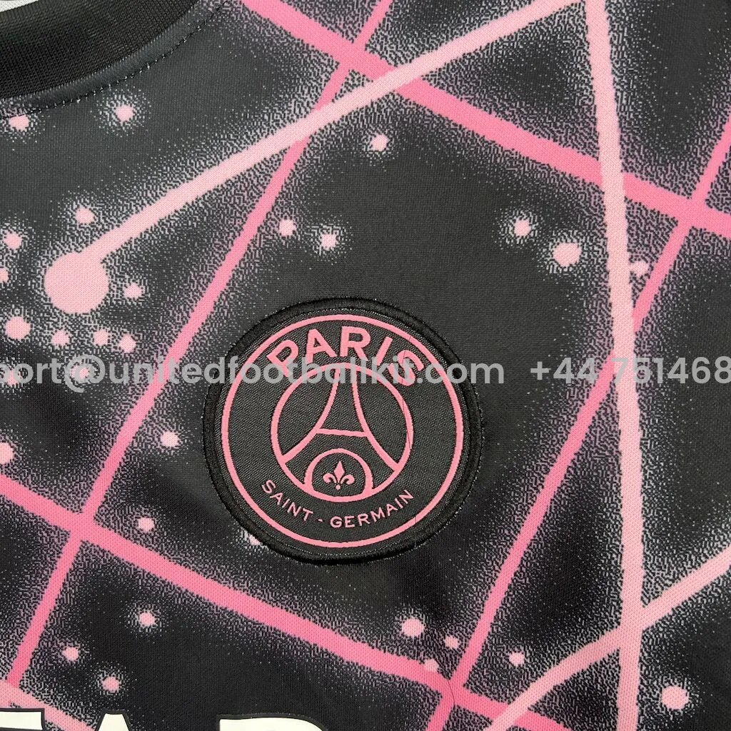 Unitedfootballkit.com | Paris Saint-Germain PSG 25-26 Pink Lines Black Pre-Match Training Jersey - Fans Version -Customize Name, Number and Patch | Worldwide Shipping
