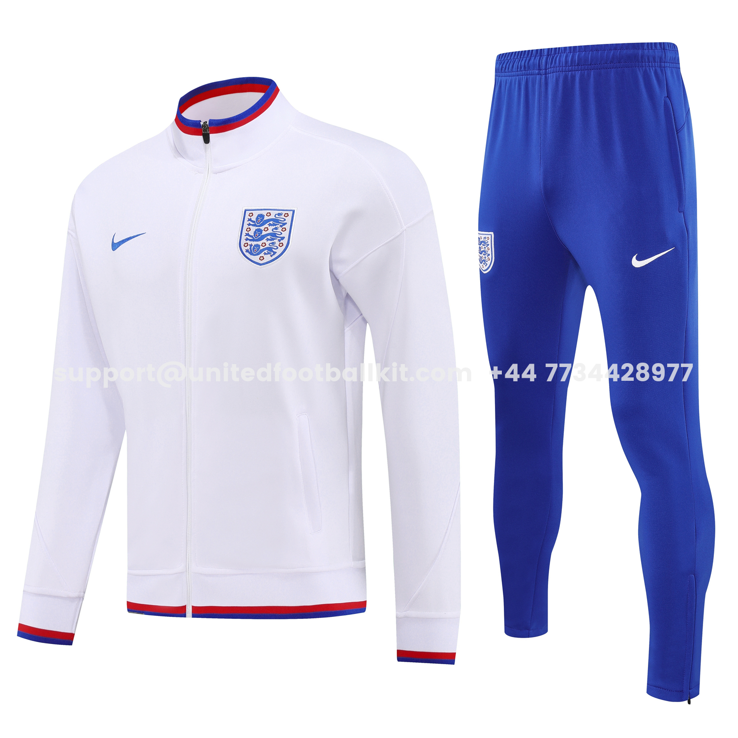 Unitedfootballkit.com | England 2026 Long Sleeve Training Set - White Top and Blue Pants -Customize Name, Number and Patch | Worldwide Shipping