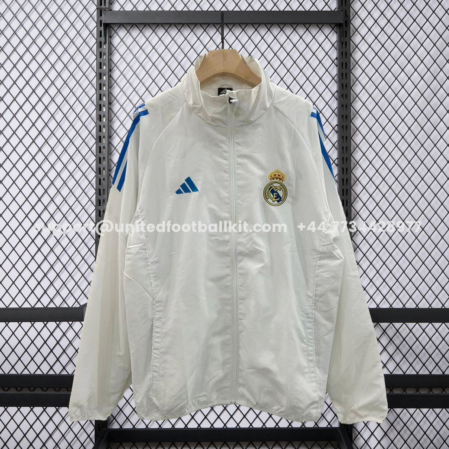 Unitedfootballkit.com | Real Madrid 25-26 White With Blue Special Windbreaker Jacket -Customize Name, Number and Patch | Worldwide Shipping