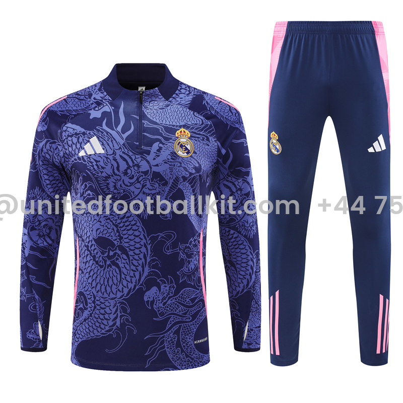 Unitedfootballkit.com | Real Madrid 24-25 Long Sleeve Training Set - Blue Dragon -Customize Name, Number and Patch | Worldwide Shipping