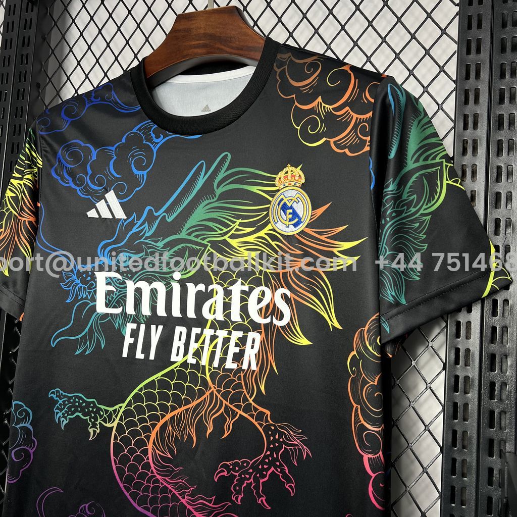 Unitedfootballkit.com | Real Madrid 24-25 Black Colorful Dragon Speical Jersey - Fans Version -Customize Name, Number and Patch | Worldwide Shipping