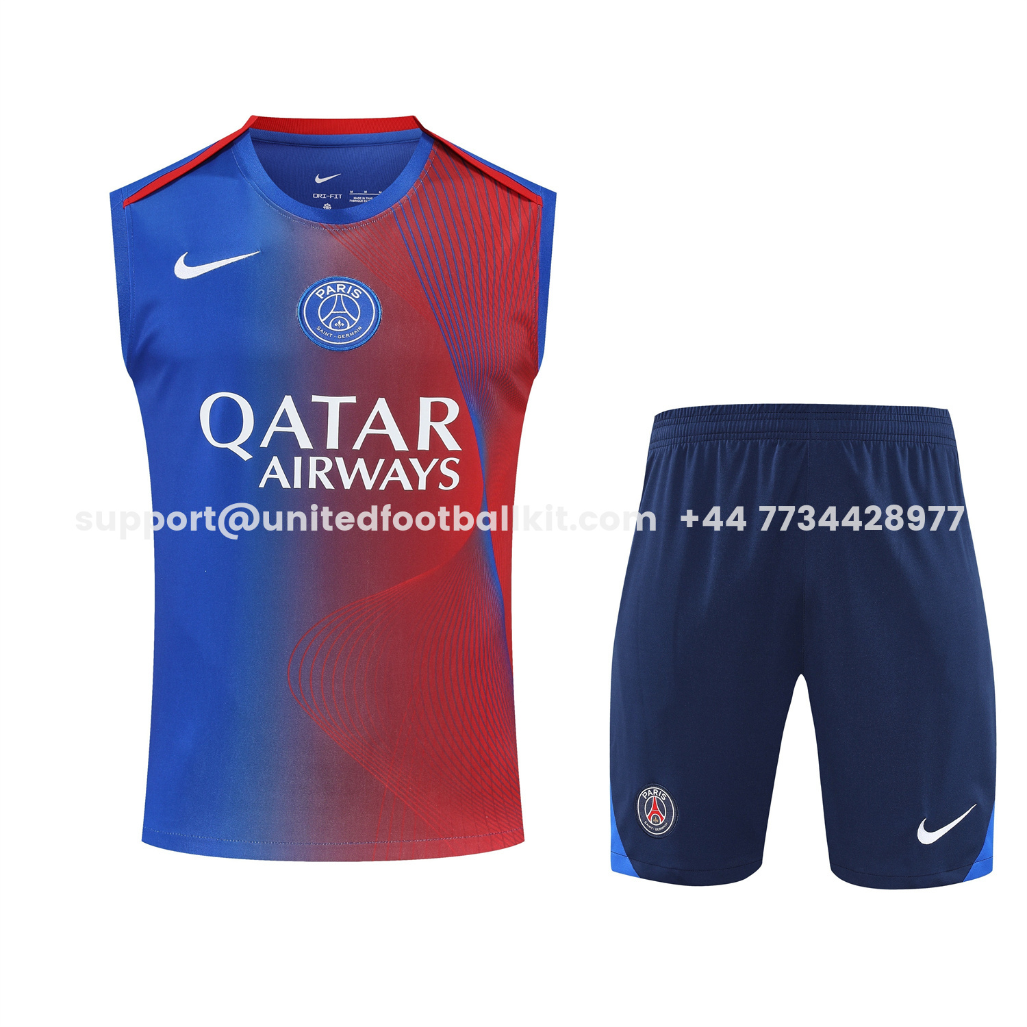 Unitedfootballkit.com | Paris Saint-Germain PSG 25-26 Vest Training Set - Red And Blue Lines Vest & Blue Shorts -Customize Name, Number and Patch | Worldwide Shipping