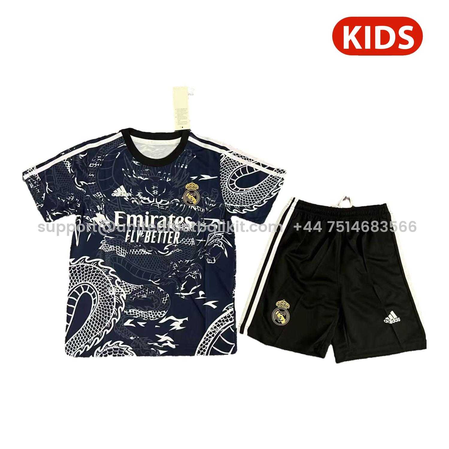 Unitedfootballkit.com | Real Madrid 25-26 White Dragon Black Special Kids Kit -Customize Name, Number and Patch | Worldwide Shipping