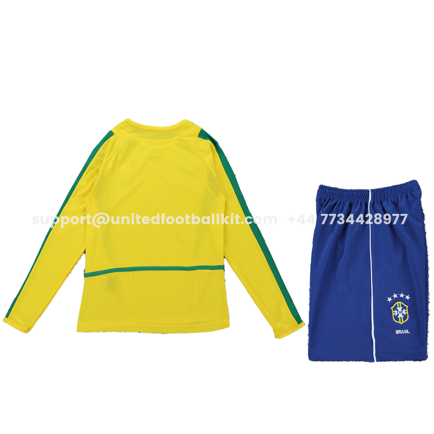 Unitedfootballkit.com | Retro Brazil 2002 Home Long Sleeves Kids Kit -Customize Name, Number and Patch | Worldwide Shipping