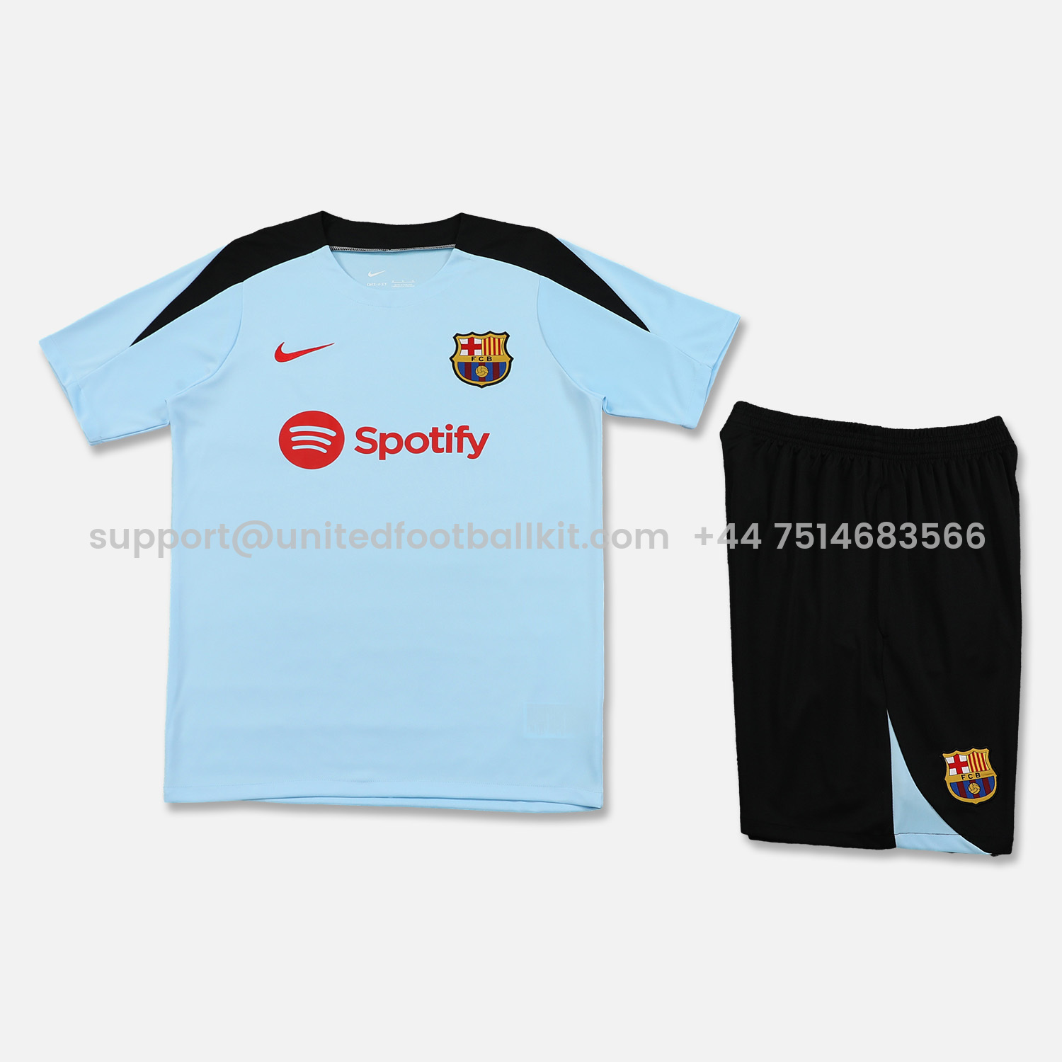 Unitedfootballkit.com | Barcelona 24-25 Short-Sleeve Training Set - Light Blue Top & Black Shorts -Customize Name, Number and Patch | Worldwide Shipping