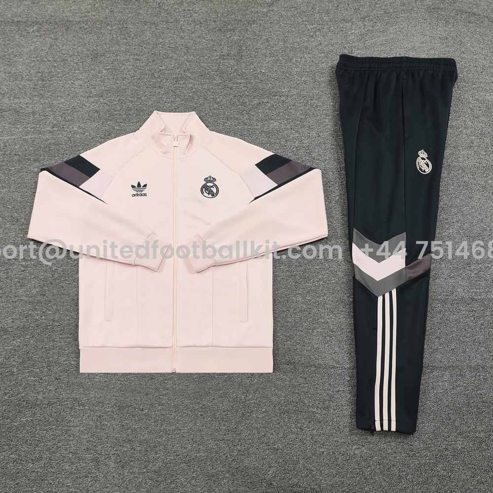 Unitedfootballkit.com | Real Madrid 24-25 Jacket Training Tracksuit - Light Pink Top and Black Pants -Customize Name, Number and Patch | Worldwide Shipping