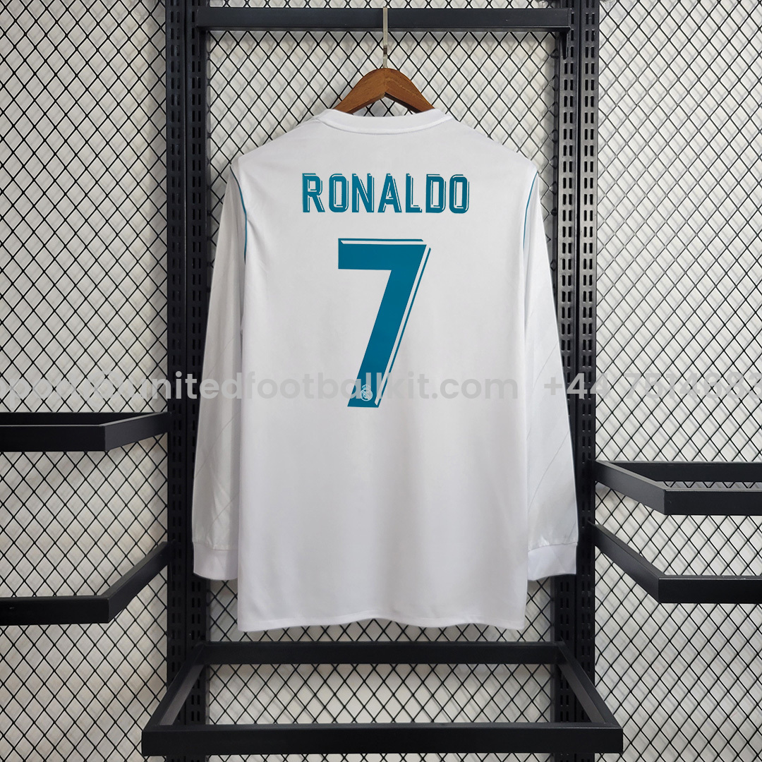 Unitedfootballkit.com | Retro Real Madrid 17-18 Home Long Sleeve Jersey - with Champions League Final Final -Customize Name, Number and Patch | Worldwide Shipping