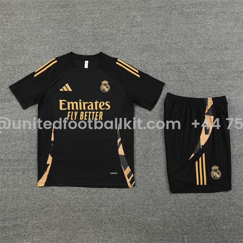Unitedfootballkit.com | Real Madrid 24-25 Short-Sleeve Training Kids Kit - Black Gold -Customize Name, Number and Patch | Worldwide Shipping