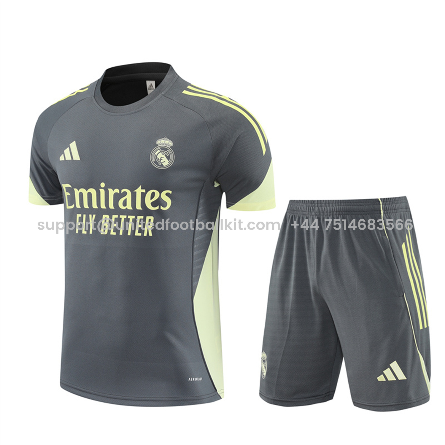 Unitedfootballkit.com | Real Madrid 25-26 Short-Sleeve Training Set - Deep Grey Top and Shorts -Customize Name, Number and Patch | Worldwide Shipping