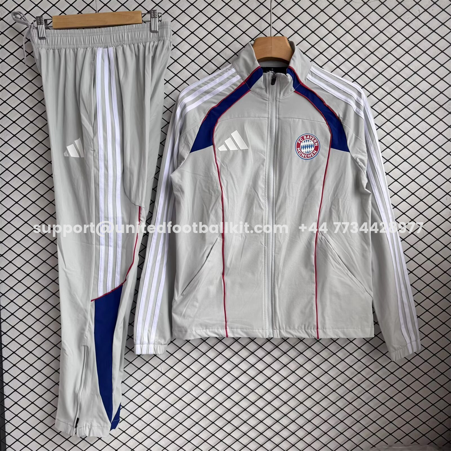 Unitedfootballkit.com | Bayern Munich 25-26 Red Lines Windbreaker Training Set - White Top and Pants -Customize Name, Number and Patch | Worldwide Shipping