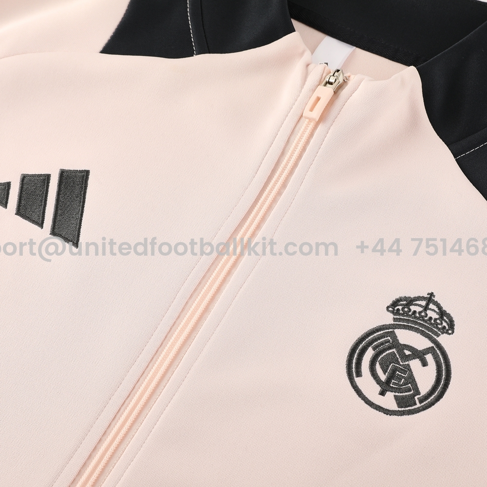 Unitedfootballkit.com | Real Madrid 24-25 Jacket Training Tracksuit - Light Pink Top and Deep Grey Pants -Customize Name, Number and Patch | Worldwide Shipping