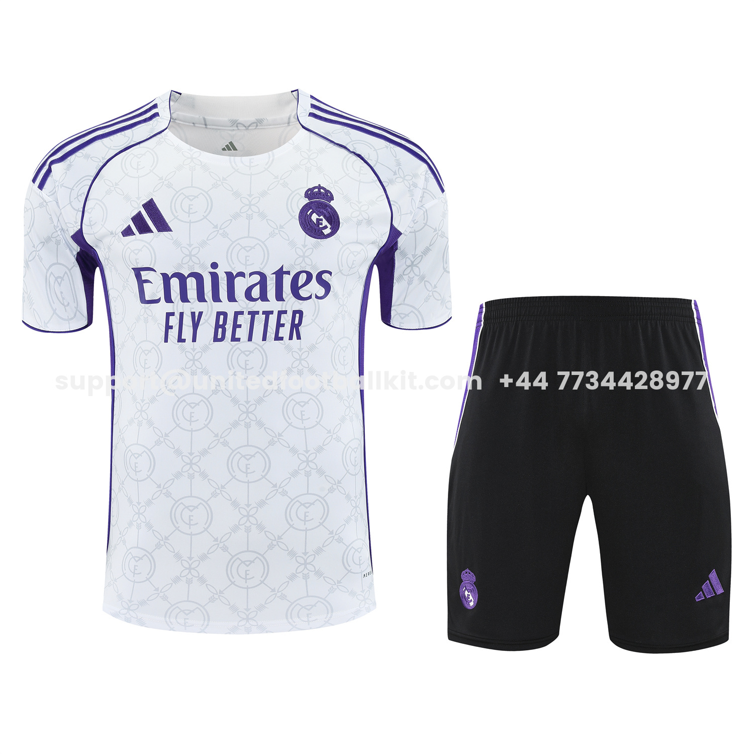 Unitedfootballkit.com | Real Madrid 25-26 Short-Sleeve Training Set - Blue Edge White Top & Black Shorts -Customize Name, Number and Patch | Worldwide Shipping