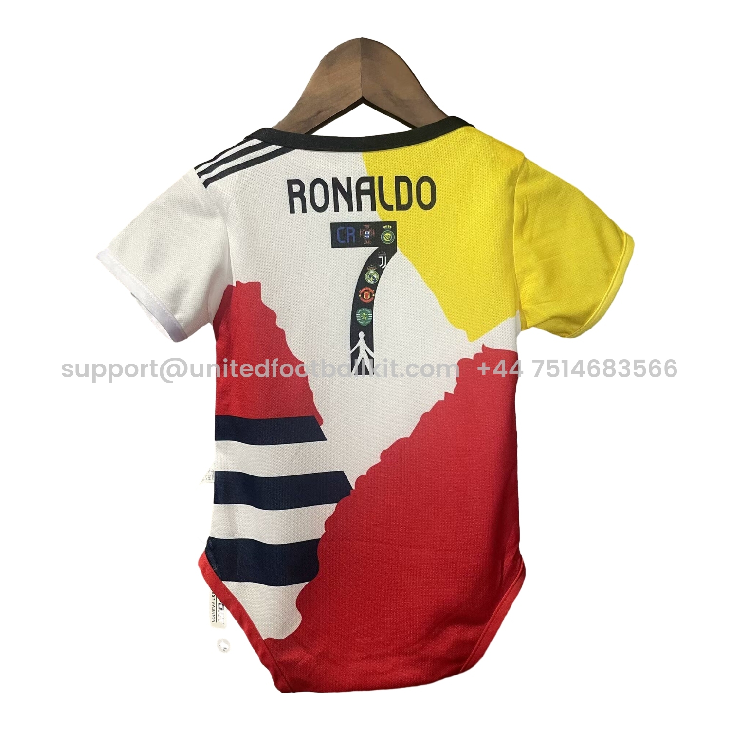 Unitedfootballkit.com | Cristiano Ronaldo Career Commemorative Baby Crawling Suit - Real Madrid Juventus Portugal Manchester United Al Nassr Sporting CP -Customize Name, Number and Patch | Worldwide Shipping