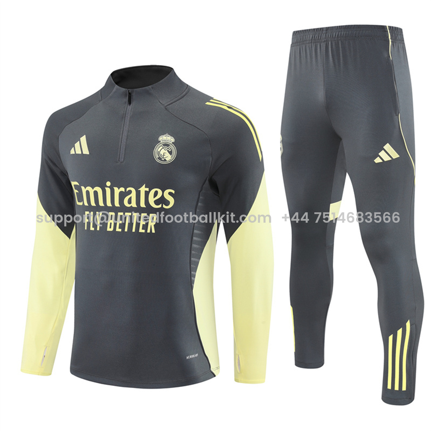 Unitedfootballkit.com | Real Madrid 25-26 Long Sleeves Training Set - Gray Top & Gray Pants -Customize Name, Number and Patch | Worldwide Shipping