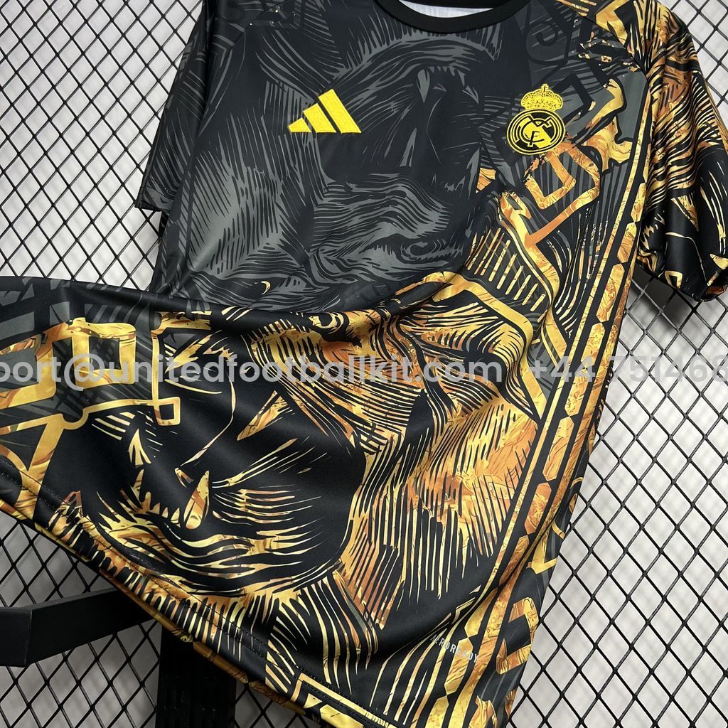 Unitedfootballkit.com | Real Madrid 24-25 Black and Gloden Lion Jersey - Fans Version -Customize Name, Number and Patch | Worldwide Shipping
