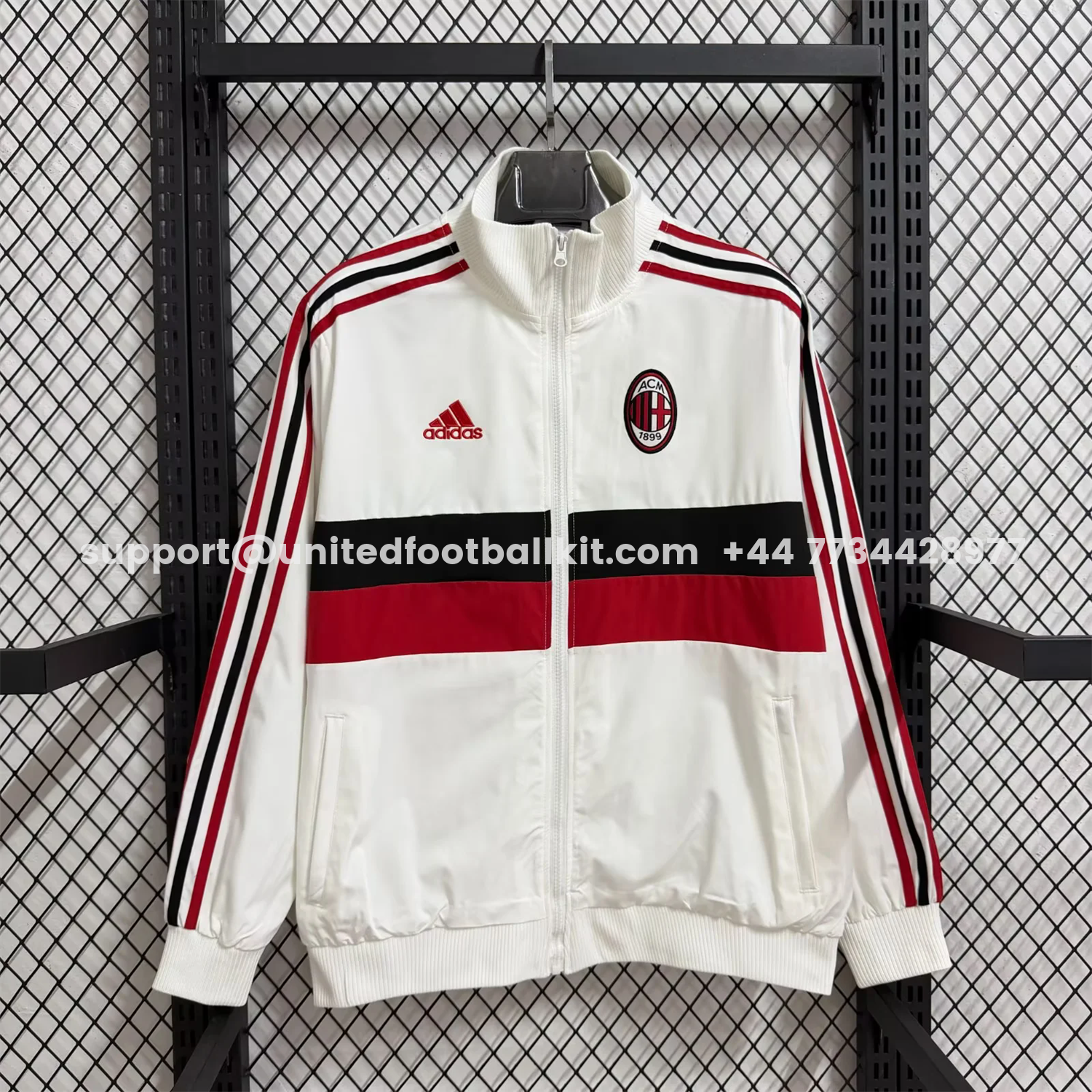 Unitedfootballkit.com | AC Milan 25-26 Windbreaker Jacket - Red Black Horizontal Stripes And White -Customize Name, Number and Patch | Worldwide Shipping