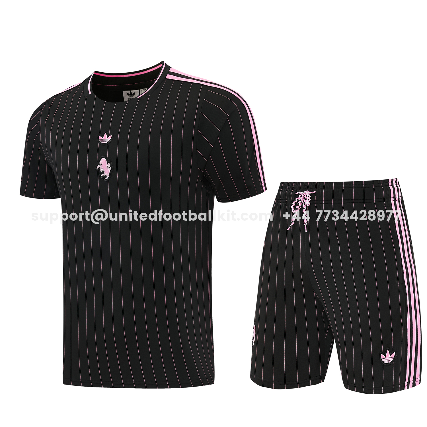 Unitedfootballkit.com | Juventus 26-27 Short-Sleeve Training Set - Pink Lines Black Top & Shorts -Customize Name, Number and Patch | Worldwide Shipping
