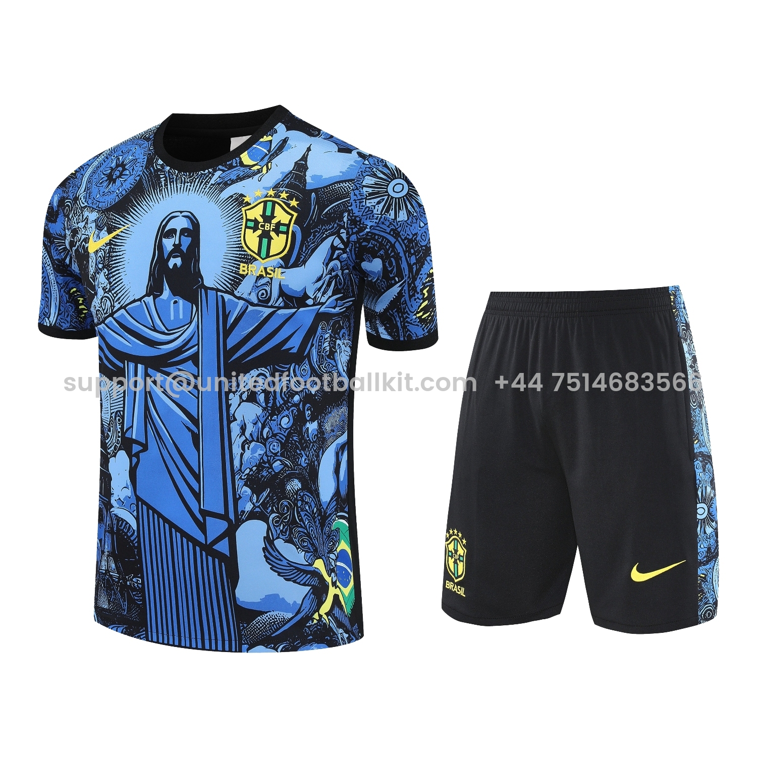 Unitedfootballkit.com | Brazil 25-26 Blue Jesus Statue Short-Sleeve Training Set - Blue Top & Black Shorts -Customize Name, Number and Patch | Worldwide Shipping