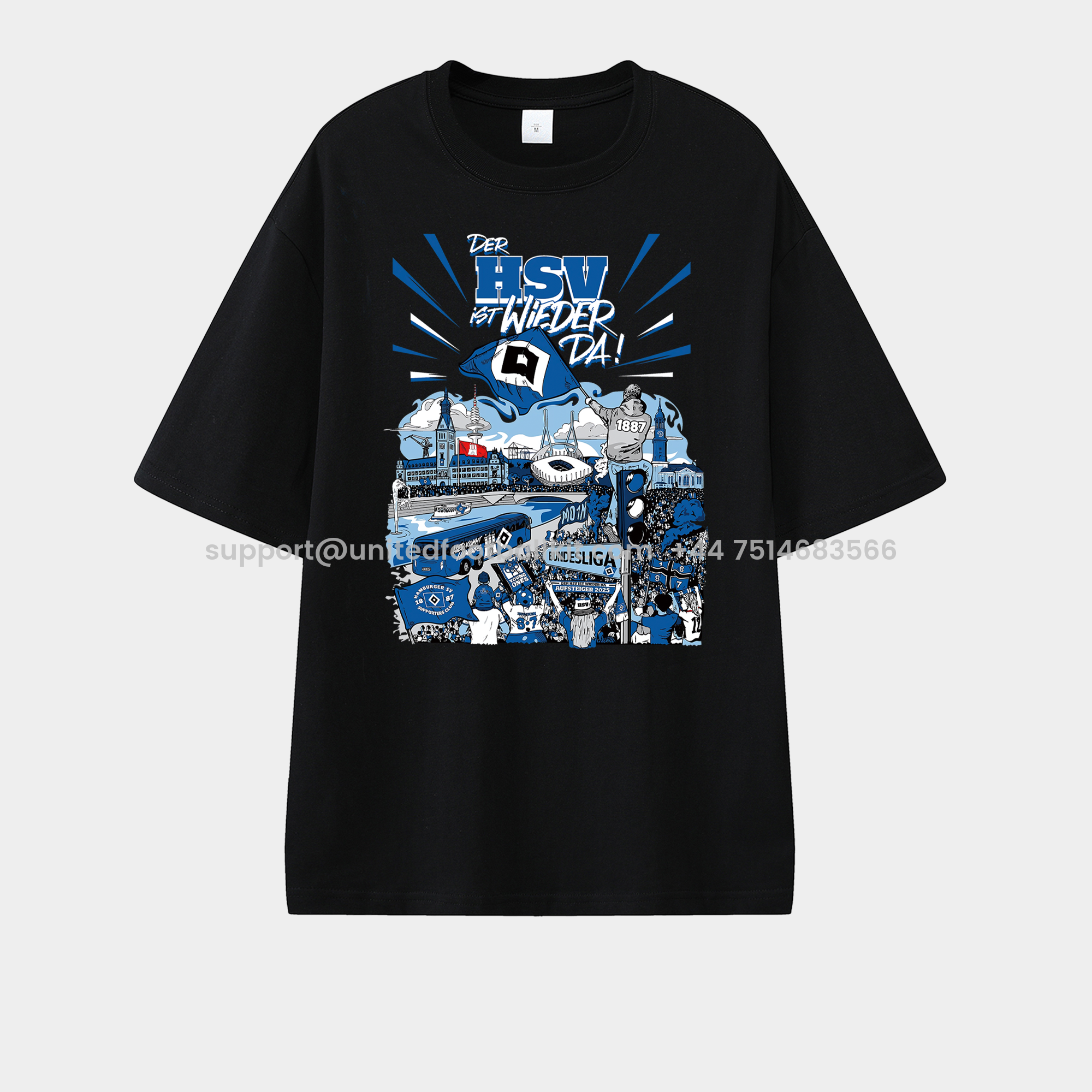 Unitedfootballkit.com | Hamburger SV DER HSV IST WIEDER DA 2024-25 2. Bundesliga Champion Unisex Pure Cotton T-shirt -Customize Name, Number and Patch | Worldwide Shipping