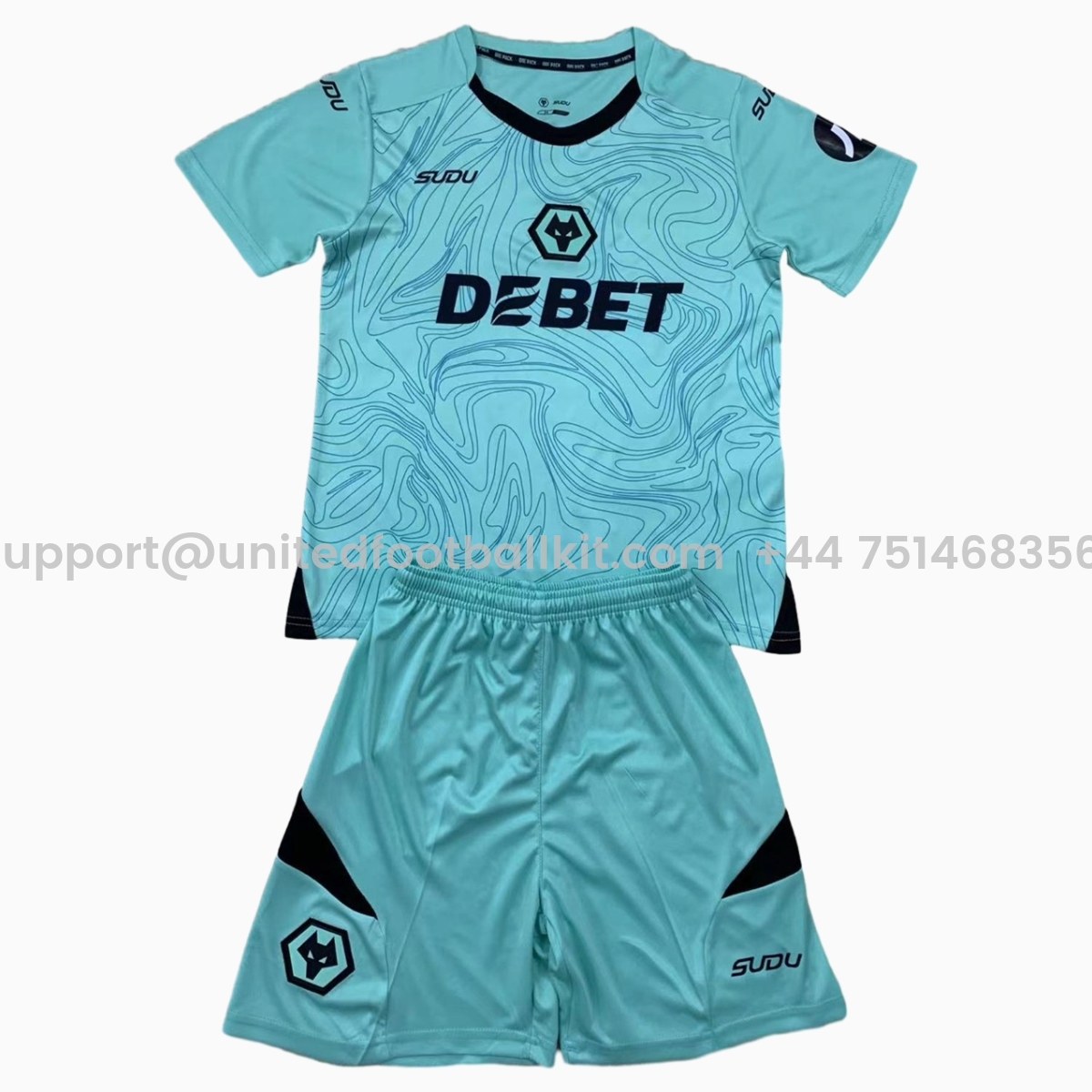 Unitedfootballkit.com | Wolverhampton Wanderers Wolves 24-25 Goalkeeper Lake Blue Kids Kit -Customize Name, Number and Patch | Worldwide Shipping
