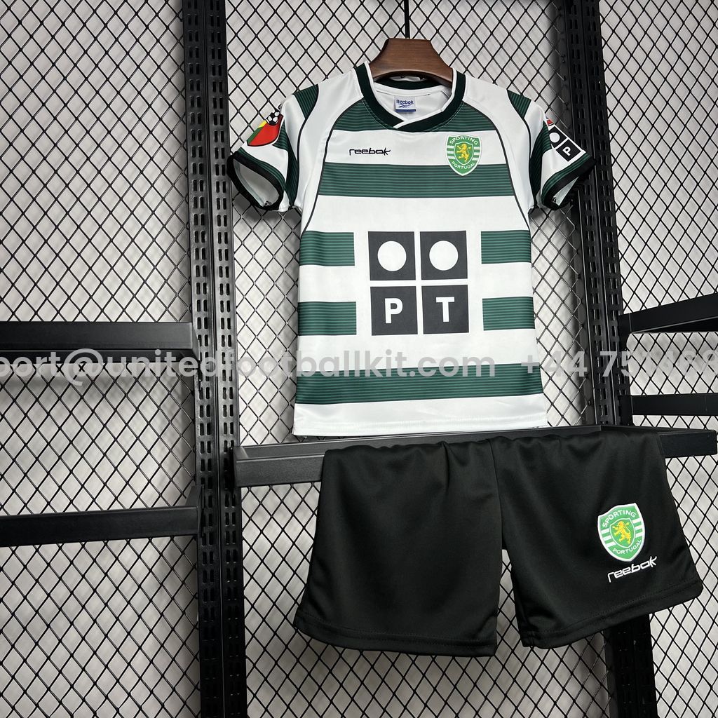 Unitedfootballkit.com | Retro Sporting CP 2001-03 Home Stadium Kids Kit -Customize Name, Number and Patch | Worldwide Shipping