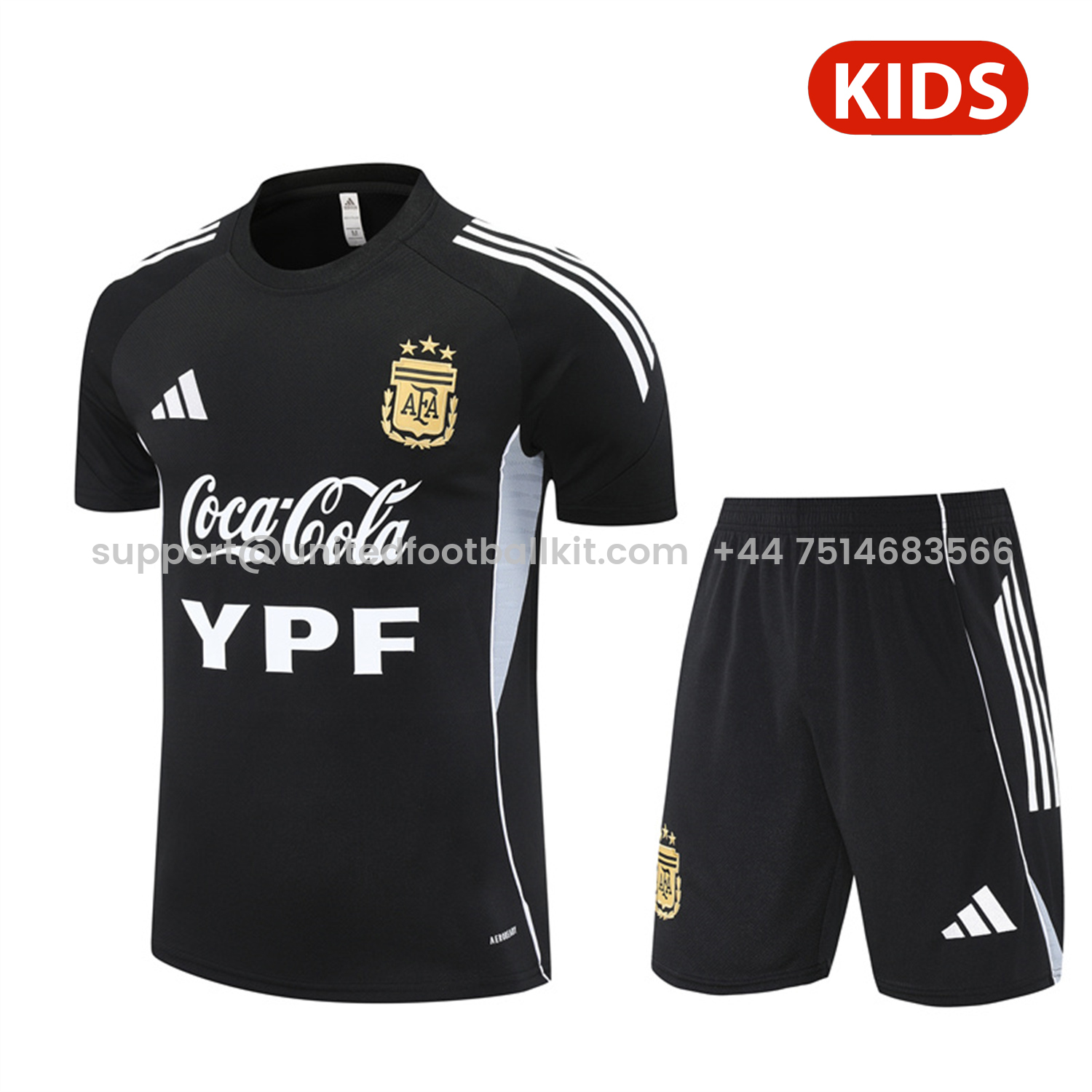 Unitedfootballkit.com | Argentina 25-26 Kids Pre-Match Short-Sleeve Training Set - Black Top & Shorts -Customize Name, Number and Patch | Worldwide Shipping