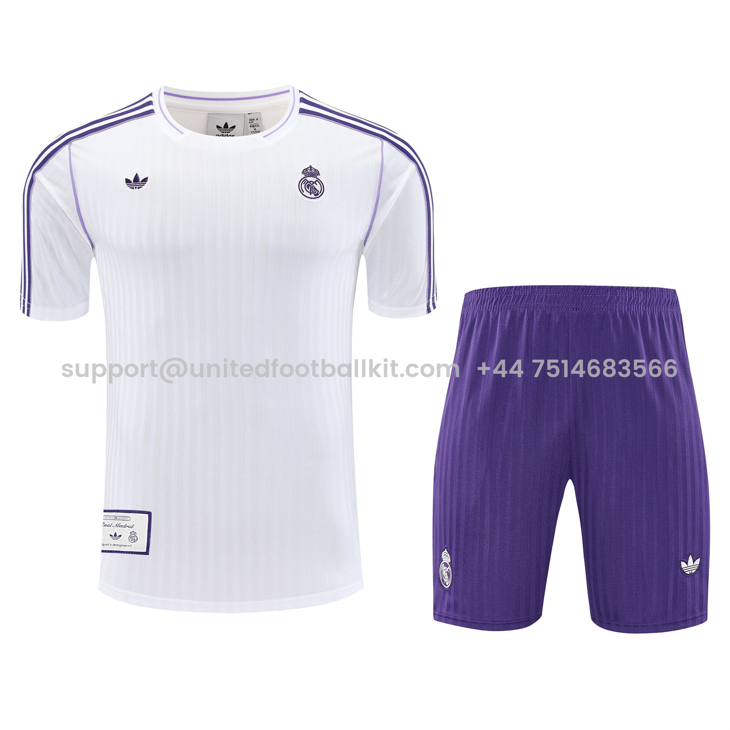 Unitedfootballkit.com | Real Madrid 25-26 Short-Sleeve Training Set - Purple And White Top & Purple Shorts -Customize Name, Number and Patch | Worldwide Shipping
