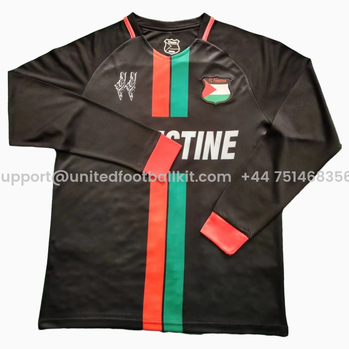 Unitedfootballkit.com | FC Palestina 24-25 Black Centre Striped Long Sleeve Jersey with English -Customize Name, Number and Patch | Worldwide Shipping
