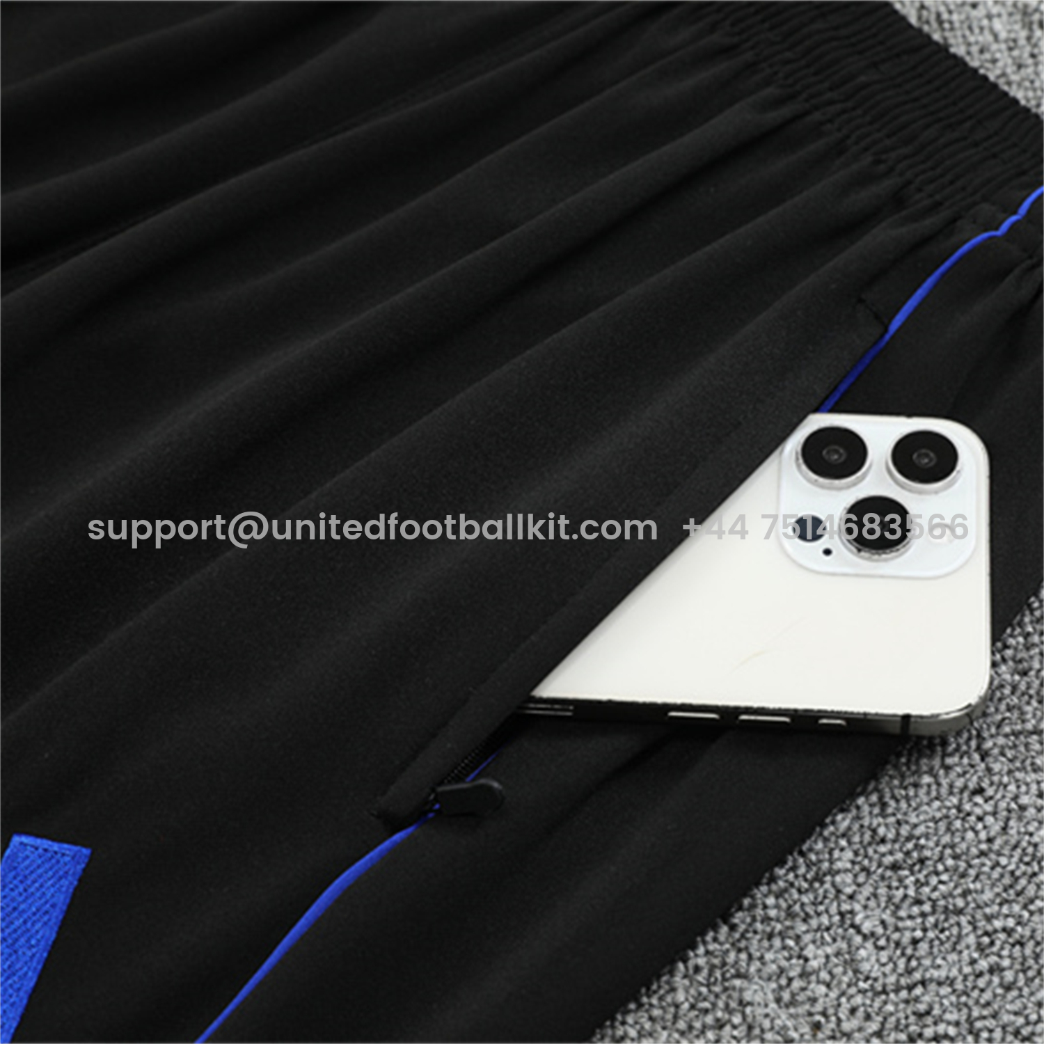 Unitedfootballkit.com | Real Madrid 25-26 Kids Long Sleeve Training Set - White Loong Black Blue Top and Black Pants -Customize Name, Number and Patch | Worldwide Shipping