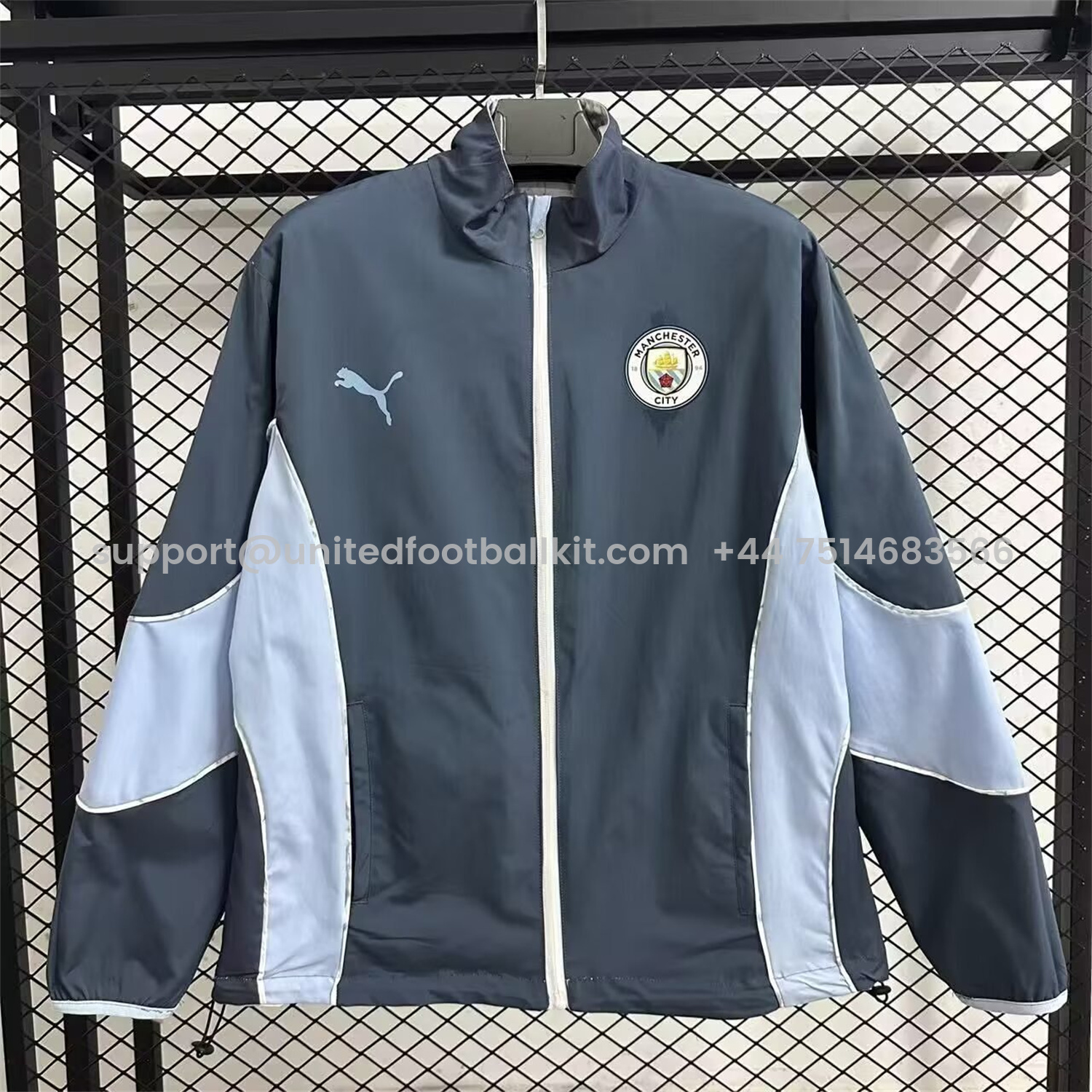 Unitedfootballkit.com | Manchester City 25-26 Double Sided Reversible Windbreaker - Deep Blue & White -Customize Name, Number and Patch | Worldwide Shipping