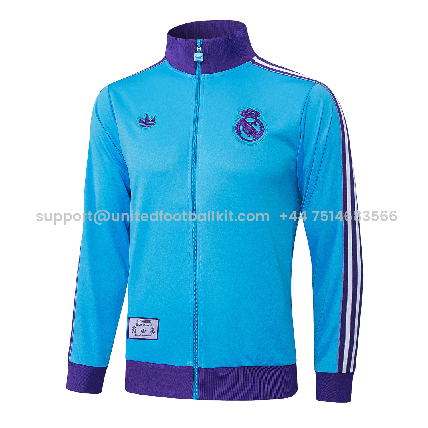 Unitedfootballkit.com | Real Madrid 25-26 Throwback Trefoil Jacket Training Tracksuit - Blue Jackets & Purple Pants -Customize Name, Number and Patch | Worldwide Shipping