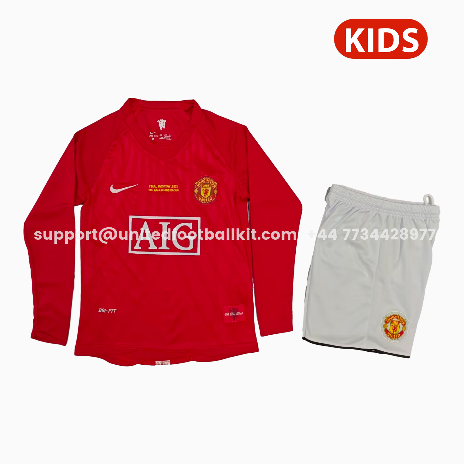 Unitedfootballkit.com | Retro Manchester United 2007-08 Home Long Sleeves Kids Kit -Customize Name, Number and Patch | Worldwide Shipping
