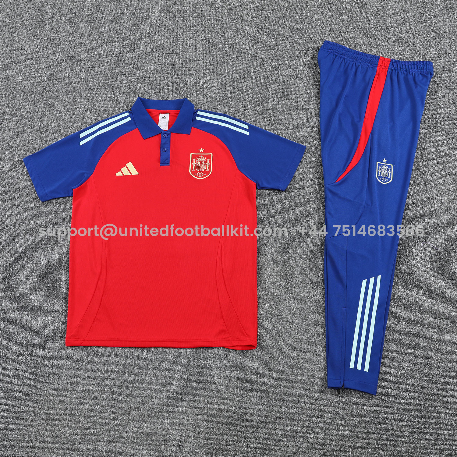 Unitedfootballkit.com | Spain 25-26 POLO Short-Sleeve Training Set - Red Top and Blue Pants -Customize Name, Number and Patch | Worldwide Shipping