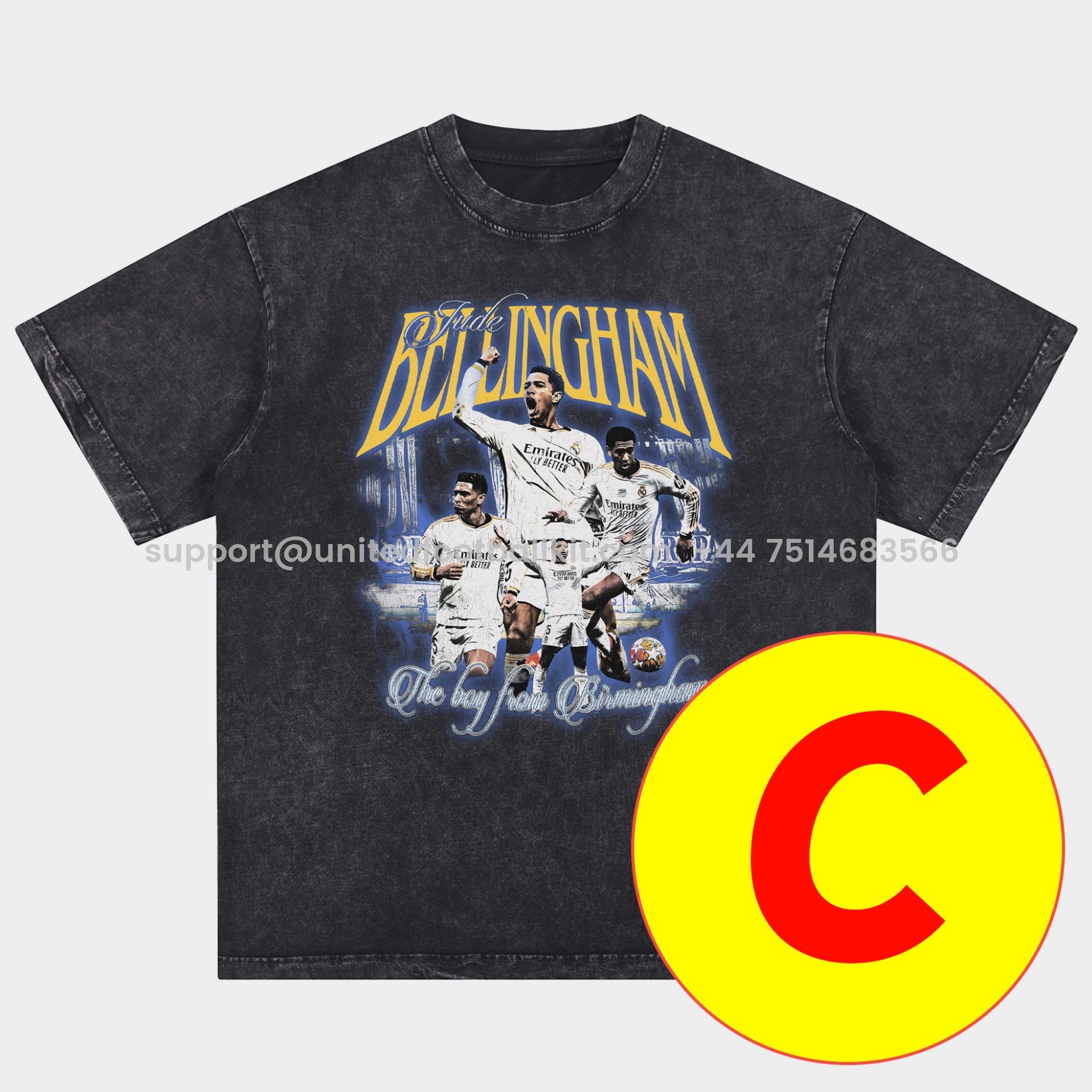 Unitedfootballkit.com | Bellingham Real Madrid England 24-25 25-26 Oversized Washed T-Shirt -Customize Name, Number and Patch | Worldwide Shipping